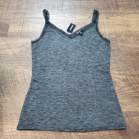 Express Gray Lace Tank Top Grey Spaghetti Strap Preppy Neutral Office Work M New - Picture 1 of 7